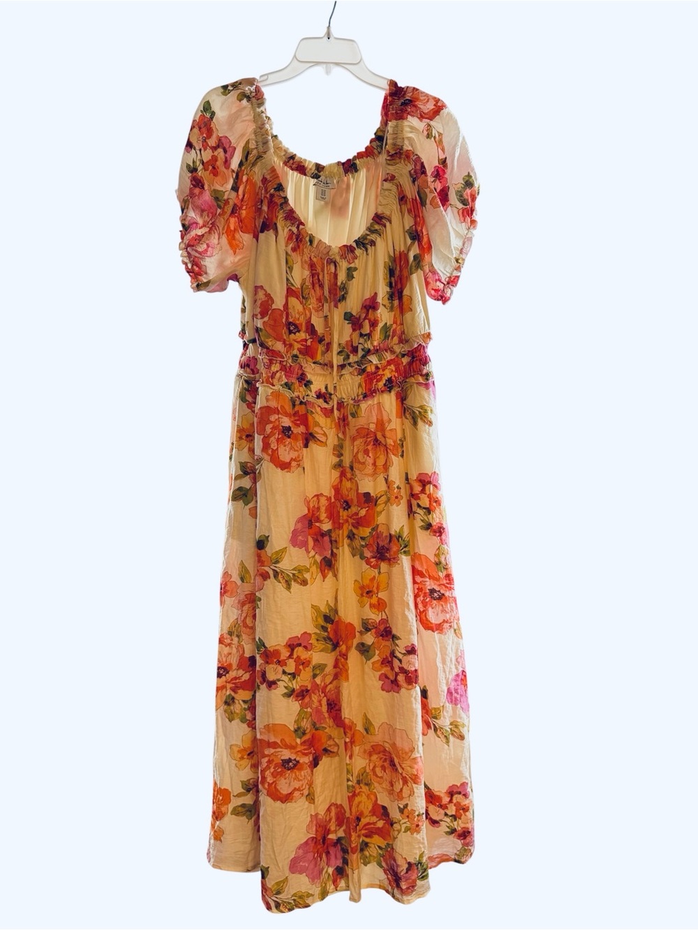 Nicole Miller Floral Cream Maxi Dress with Pink and Orange Blooms Size 3X